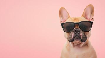 French Bulldog Wearing Sunglasses Against Pink Background in Playful 3D Render for Fun and Stylish Design Concepts in Modern Animal Photography for Trendy Pet Lovers photo