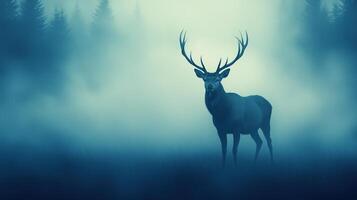 Majestic Stag Standing in a Misty Woodland Clearing with Tall Trees Surrounding in Eerie Blue Light and Foggy Atmosphere Wildlife Scene in Ethereal Nature Landscape Captivating View photo