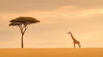 Giraffe Reaching Up to Eat Leaves from Tall Tree Against Golden African Savanna Sunset with Lone Acacia Tree in Background, Stunning Wildlife Scene with Warm Color Palette photo