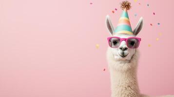 Llama Wearing Colorful Party Hat and Sunglasses Amidst Falling Confetti on Pink Background Celebrating Festive Occasion photo