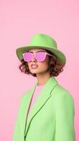 Woman in Stylish Green Outfit with Pink Sunglasses on Pink Background Emphasizing Fashion and Colorful Style Vlog Design for Influencers and Social Media Engagement photo