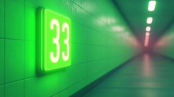 Futuristic Corridor With Glowing Green Wall Displaying Number 33 In Neon Lights And Sleek Design Perfect For Modern Technology And Innovation Concepts photo