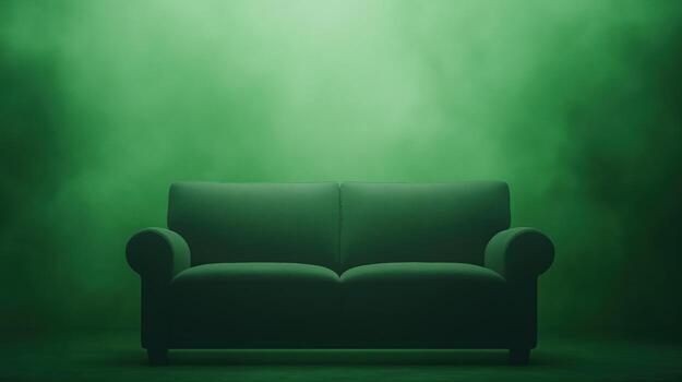 verde pantalla fondo con sofá en cerebral rompecabezas salón para creativo foto sesiones y innovador visual efectos Perfecto mezcla de comodidad y imaginación en minimalista moderno diseño