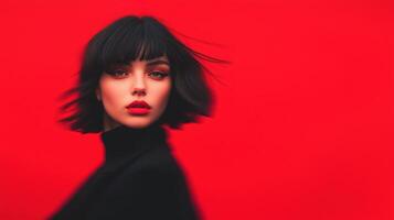 Portrait of a woman with short black hair and red lipstick against a vibrant red background. Fashion editorial style photo