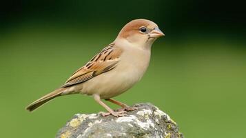 House Sparrow Perched on Rock Against Blurred Green Background in Close-Up Detail Nature Wildlife Summer Photography photo