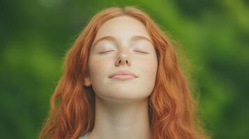 Close Up of Serene Young Woman with Red Hair Breathing Deeply Outdoors in Lush Green Setting in Summer for Calm and Relaxation Concept in Portrait Photography photo