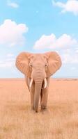 Majestic African Elephant Standing in an Open Grassland Under Blue Cloudy Sky Close Up Vertical Wildlife Photography photo