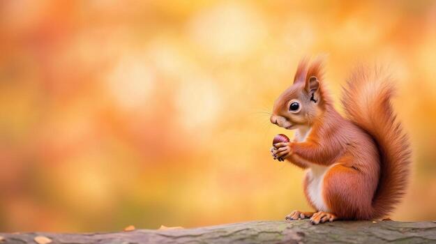 Squirrel Holding Acorn on Tree Branch with Autumn Leaves in Background, Capturing the Essence of Fall Season's Warm Colors and Natural Wildlife Setting, Perfect for Seasonal Photography photo