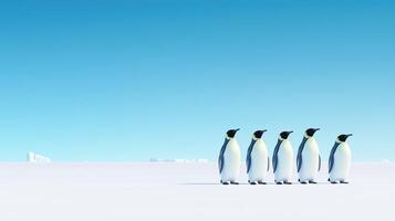 Emperor Penguins Waddling Across Pristine Icy Terrain in Antarctica Under Clear Blue Sky on a Sunny Day Showcasing Wildlife in Natural Habitat photo