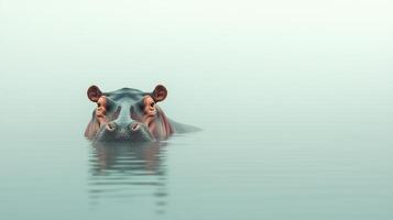 Hippo Partially Submerged in Tranquil Water with Eyes and Ears Visible Reflecting in Misty Calm Surface Minimalist Nature Scene photo