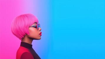 Gender Fluid Individual with Vibrant Pink Hair in Profile Against Gradient Pink Blue Backdrop Reflecting Diversity and Expression photo