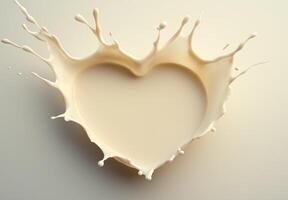 Heart-shaped milk splash on a beige background. Abstract concept of love and fluidity for design and print photo