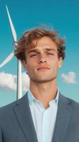 Confident Young Man in Suit Standing in Front of Wind Turbine and Blue Sky, Representing Renewable Energy and Environmental Awareness, Inspiration for Green Living and Sustainable Future photo