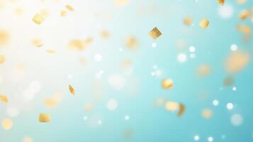Golden Confetti Floating Against Soft Blue Background for Festive Celebrations and Playful Event Designs photo