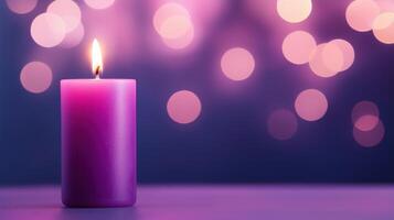 Flaming Purple Aromatic Candle Illuminating Dark Blurred Background with Bokeh Lights Creating a Warm and Soothing Ambiance Perfect for Relaxation Spa or Meditation Concepts photo