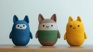Amigurumi Style Minimalist Crochet Figures in Blue, Green, and Yellow on Wooden Surface in AR 16-9 Ratio Perfect for Home Decor Craft Enthusiasts and Handmade Toy Collectors photo