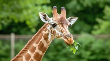 Giraffe Extending Neck to Eat Leaves from Tall Tree in Lush Green Forest Setting, Wildlife Close-Up with Focus on Natural Patterns and Enchanting Summer Environment for Nature Enthusiasts photo