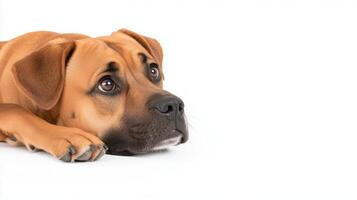 Adorable Dog Lying Down with Head Resting on Paws Looking Up on White Background with Curious Expression photo