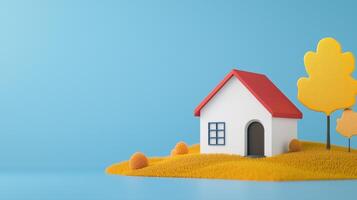 Modern House Model on Autumn Landscape in Animation Style with Blue Sky Background and Yellow Foliage Evoking Seasonal Change and Minimalist Design for Creative and Architectural Projects photo