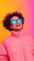 Vibrant 90s Party Vibe With Carefree Youth in Funky Pink Jacket and Blue Sunglasses, Joyful Smile Against Colorful Gradient Background Celebrating Retro Style and Fun Fashion Trends photo