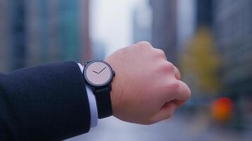Man's hand wearing minimalist wristwatch outdoors in urban setting. Business attire and time management concept. photo