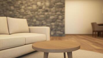 Modern 3D Rendering of Luxury Home Interior Living Room Featuring Minimalist Beige Sofa and Wooden Coffee Table in Open Space with Stone Accent Wall for Contemporary Design Inspiration photo
