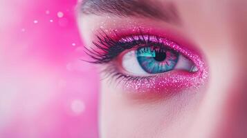 Vibrant Close-Up of Woman's Eye with Glittery Makeup and Pink Background for Beauty and Fashion Concepts in High Resolution photo