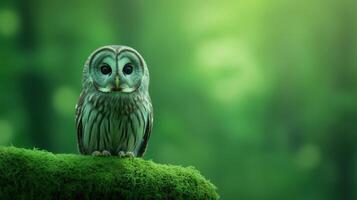 Wise Old Owl Perched on Moss-Covered Branch in Dense Forest with Soft Green Hue and Gentle Light, Capturing Nature's Tranquility, Ideal for Wildlife and Nature-Themed Designs photo