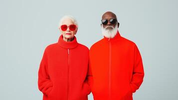 Sophisticated Elderly Models in Vibrant Red Outfits with Contrasting Sunglasses Against Minimalist Background for Fashion Editorial photo