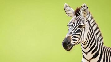Zebra Standing in Profile Against Light Green Background Highlighting Distinct Black and White Stripes Perfect for Nature and Wildlife Themed Projects and Animal Pattern Studies photo
