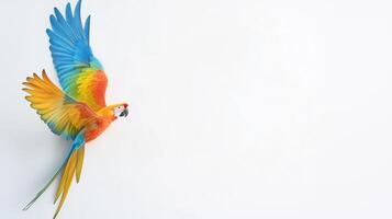 Colorful Scarlet Macaw in Flight Isolated on White Background with Wings Spread Wide Showcasing Bright Vibrant Plumage and Tropical Beauty Ideal for Nature and Wildlife Photography photo