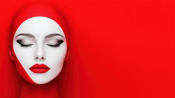 Striking Asymmetrical Face With Bold Red And White Makeup Illustrates Modern Artistry And Creativity In Eye-Catching Portrait Design Highlighting Abstract Beauty And Expressive Style photo