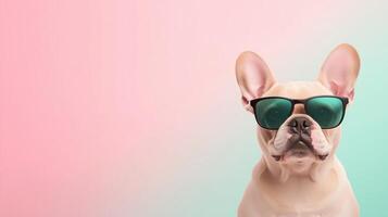 French Bulldog Wearing Sunglasses on Pastel Background with Playful 3D Illustration Style Emphasizing Fun and Summer Vibes, Perfect for Seasonal Design, Kids Decor, and Pet-Themed Projects photo
