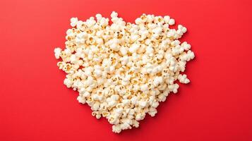 Popcorn Heart Shape on Red Background Symbolizing Love and Romance with Creative Design Emphasis on Valentine Celebration and Snack Aesthetics for Stock Photography and Holiday Concepts photo