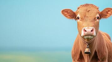 Young Brown Cow Standing in Lush Green Meadow with Bell Around Neck Under Clear Blue Sky, Capturing Tranquility and Rustic Charm, Perfect for Nature and Agricultural Themes in Stock Photography photo