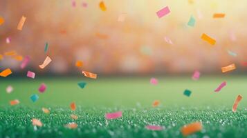 Colorful Confetti Falling on Empty Stadium Field, Celebrating Victory in Sports Event, Blurred Background, Festive Atmosphere, Abstract Concept of Joy, Bright Colors, Green Grass Surface photo
