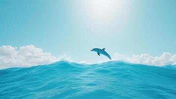 Playful Dolphins Leaping Out of Ocean Waves Under a Sunny Blue Sky with Fluffy Clouds Highlighting Nature's Beauty photo