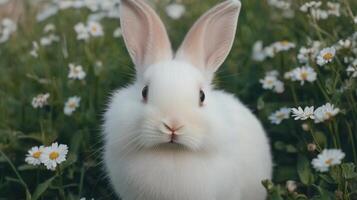 Fluffy White Rabbit Nibbling in Daisy Field Celebrating International Rabbit Day in Serene Natural Setting Perfect for Spring Theme and Wildlife Lovers photo