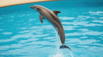 Dolphin Jumping Gracefully Out of Bright Blue Pool Water Creating a Splash Captured in Action Shot Displaying Marine Life Elegance Ideal for Nature and Wildlife Stock Photography Inspiration photo
