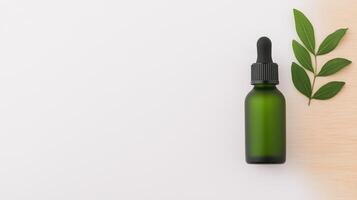 Elegant Skincare Serum Bottle on Wooden Swatch with Green Leaves for Natural Beauty and Eco-Friendly Cosmetic Product Advertisement in Minimalist Style photo