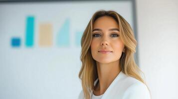 Confident Businesswoman Leading a Meeting in a Modern Office with Graph in Background Indicating Successful Strategic Planning and Professional Leadership Skills in Corporate Environment photo