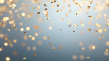 Glittering Gold Confetti Floating Against Soft Blue Background Celebrating Festivity Joyful Holiday Vibes with Light Sparkle Textured Abstract Pattern Perfect for Party Invitations or New Year Designs photo