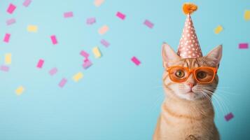 Orange Tabby Cat in Polka Dot Party Hat and Orange Sunglasses on Blue Background with Confetti Celebrating a Festive Occasion photo