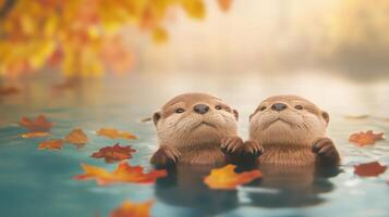 Playful Otters Floating on Their Backs Holding Hands Amidst Autumn Leaves in Serene Water Scene for Seasonal Wildlife Photography photo