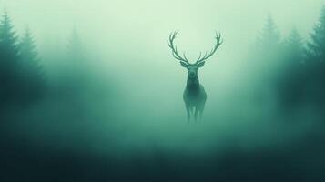Majestic Stag Standing in Misty Woodland Clearing Illuminated by Soft Green Glow Amid Tall Pine Trees Symbolizing Serenity and Wilderness in Ethereal Nature Scene Ideal for Tranquil Designs photo