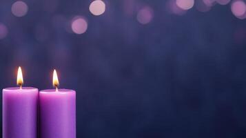Elegant Purple Scented Candles Illuminating in Blurred Dark Background for Calm and Tranquil Nighttime Ambiance, Highlighting Soothing Aromatherapy and Cozy Interior Decor Trends in Style photo