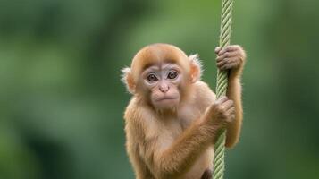Young Monkey Swinging from a Green Vine in Lush Jungle Setting Captures Playful Nature and Curiosity of Wild Primates photo