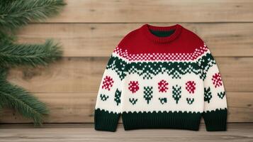 Cozy Red Green White Knitted Sweater With Traditional Winter Holiday Pattern On Wooden Background With Pine Branches photo