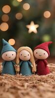 Whimsical Christmas Manger Scene Figures in Festive Setting with Holiday Lights and Bokeh Effect for Vertical Background photo