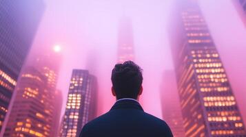 Man Standing In Fog Surrounded By Illuminated Skyscrapers In Business District At Night photo
